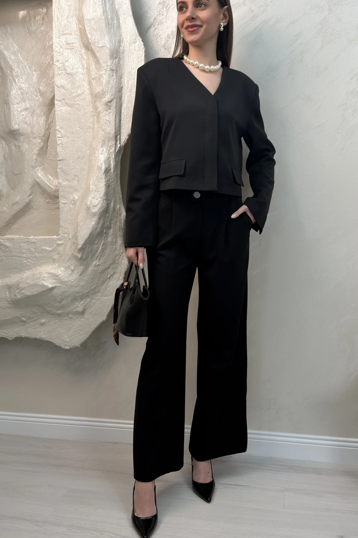 ÇİFT CEP CROP CEKET DETAYLI TAKIM- SİYAH