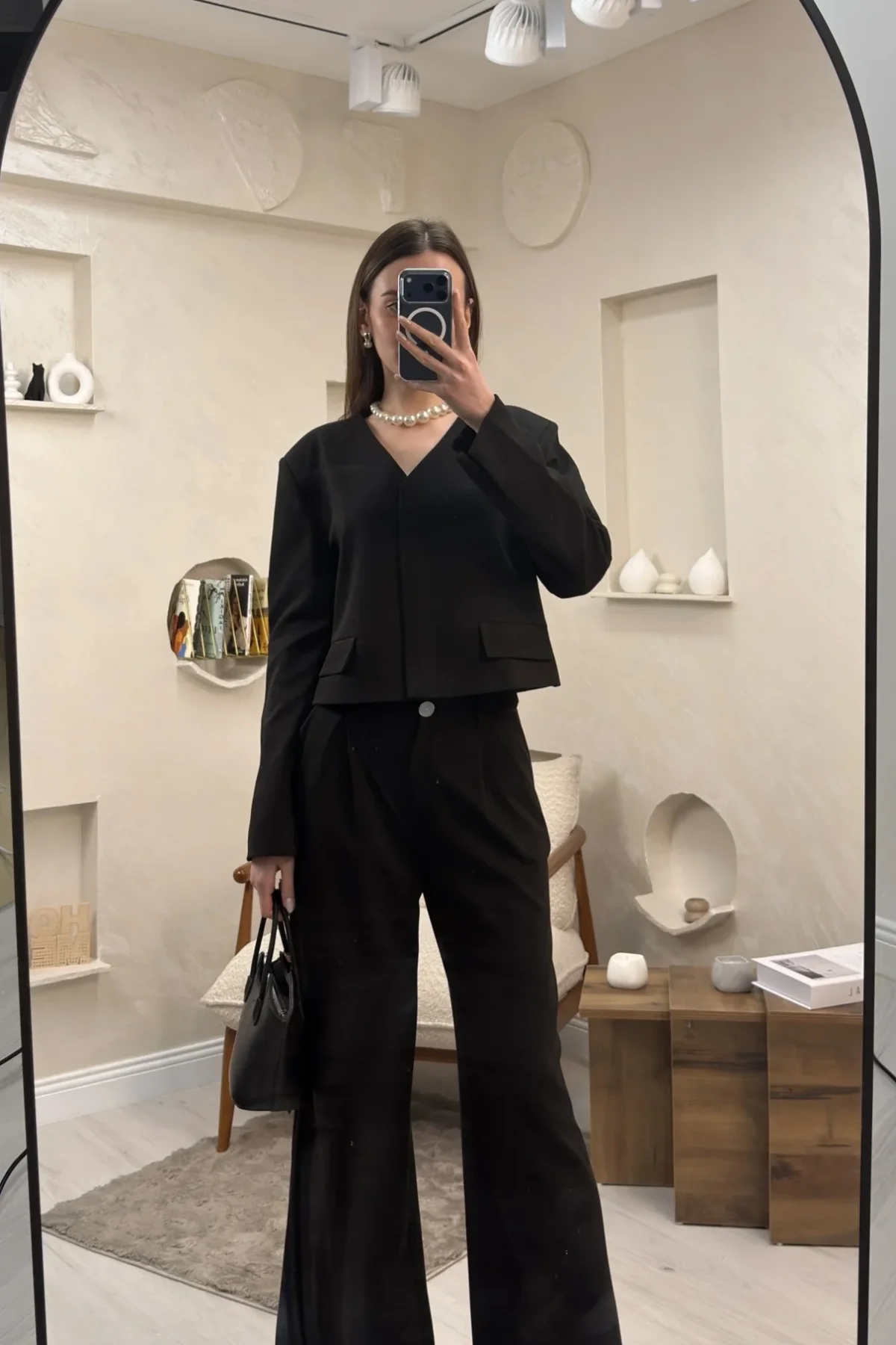 ÇİFT CEP CROP CEKET DETAYLI TAKIM- SİYAH