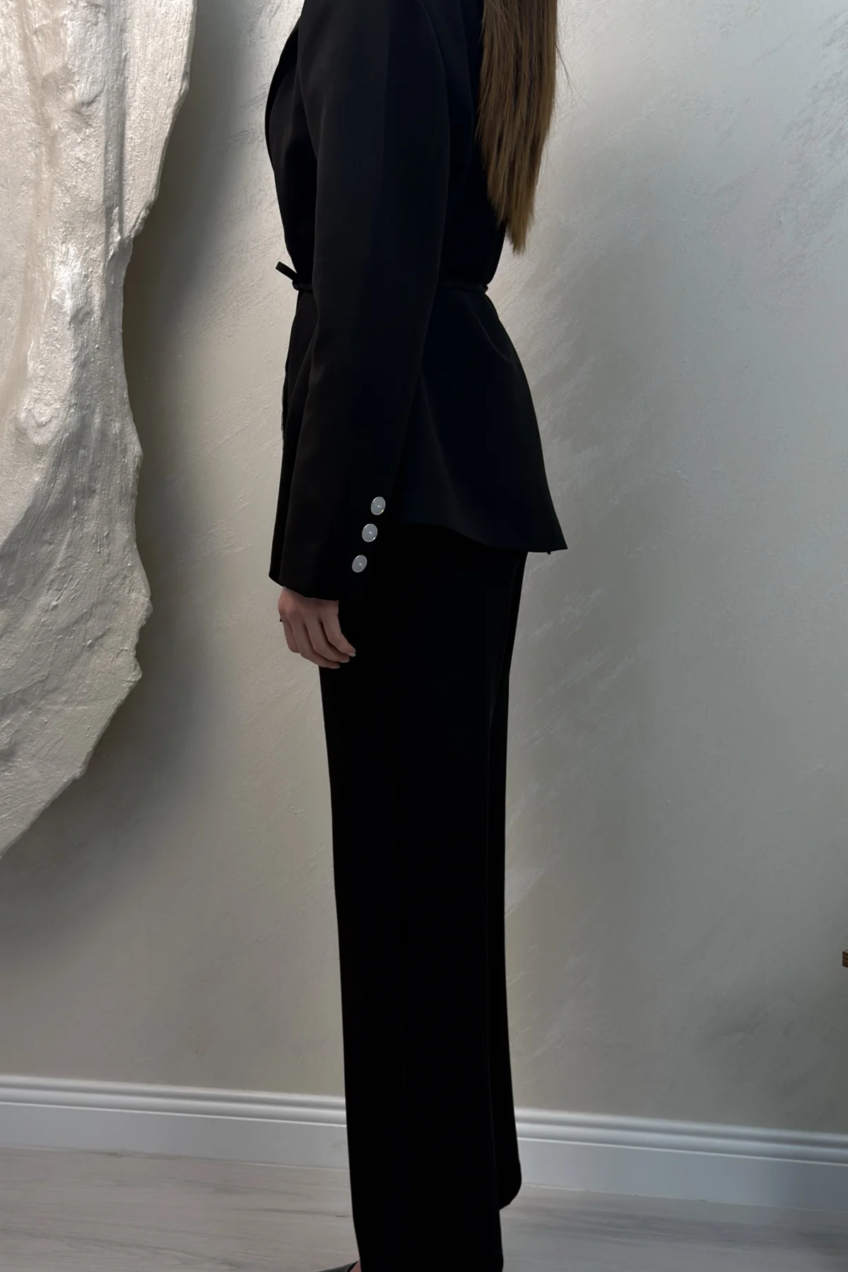 BELDEN BAĞLAMALI DÜĞMELİ BLAZER CEKET TAKIM- SİYAH