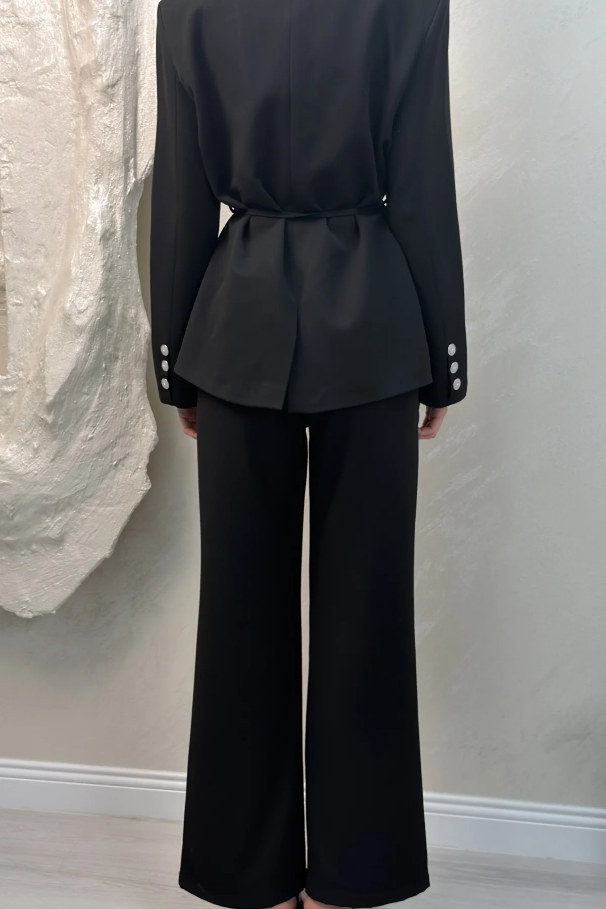 BELDEN BAĞLAMALI DÜĞMELİ BLAZER CEKET TAKIM- SİYAH