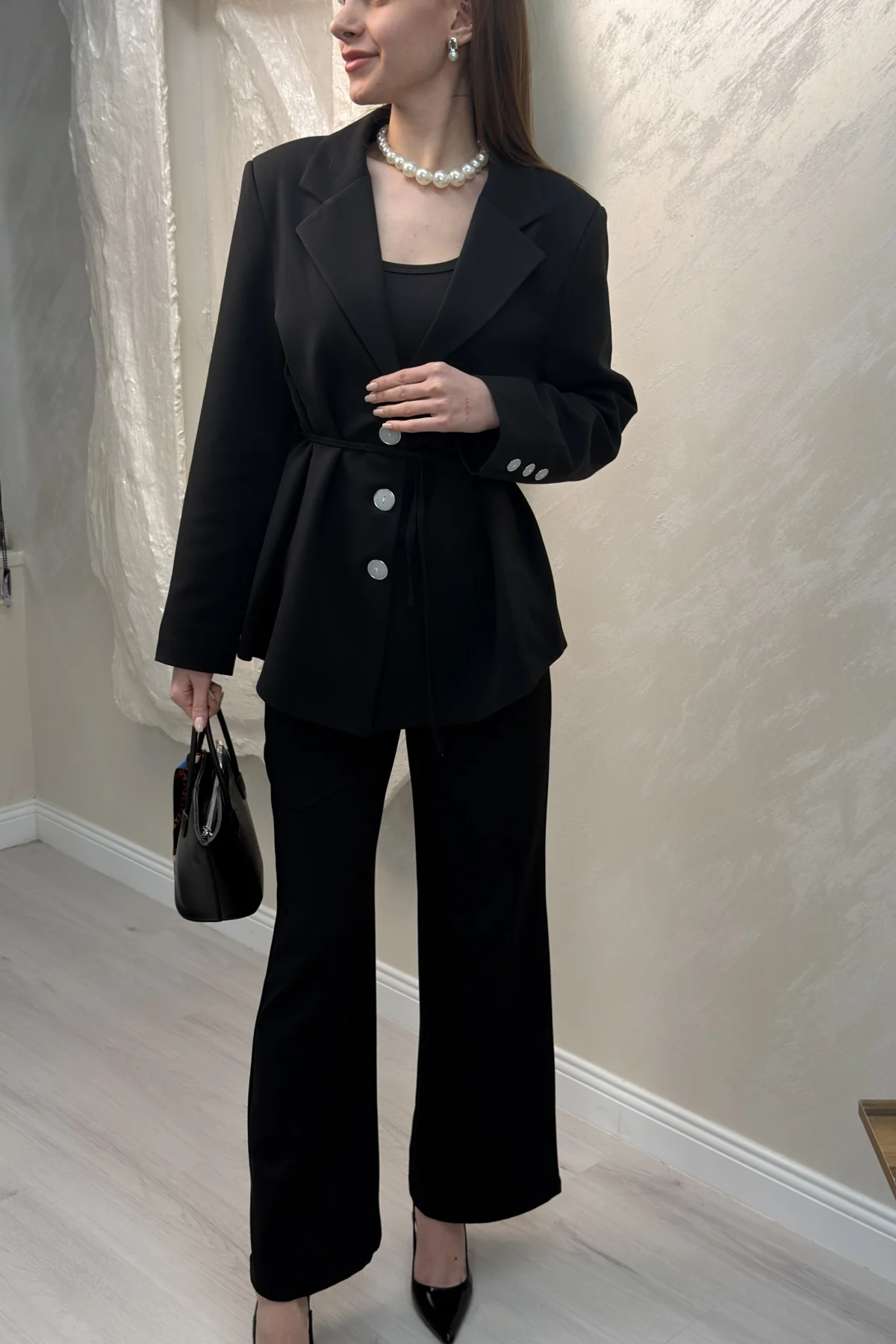 BELDEN BAĞLAMALI DÜĞMELİ BLAZER CEKET TAKIM- SİYAH