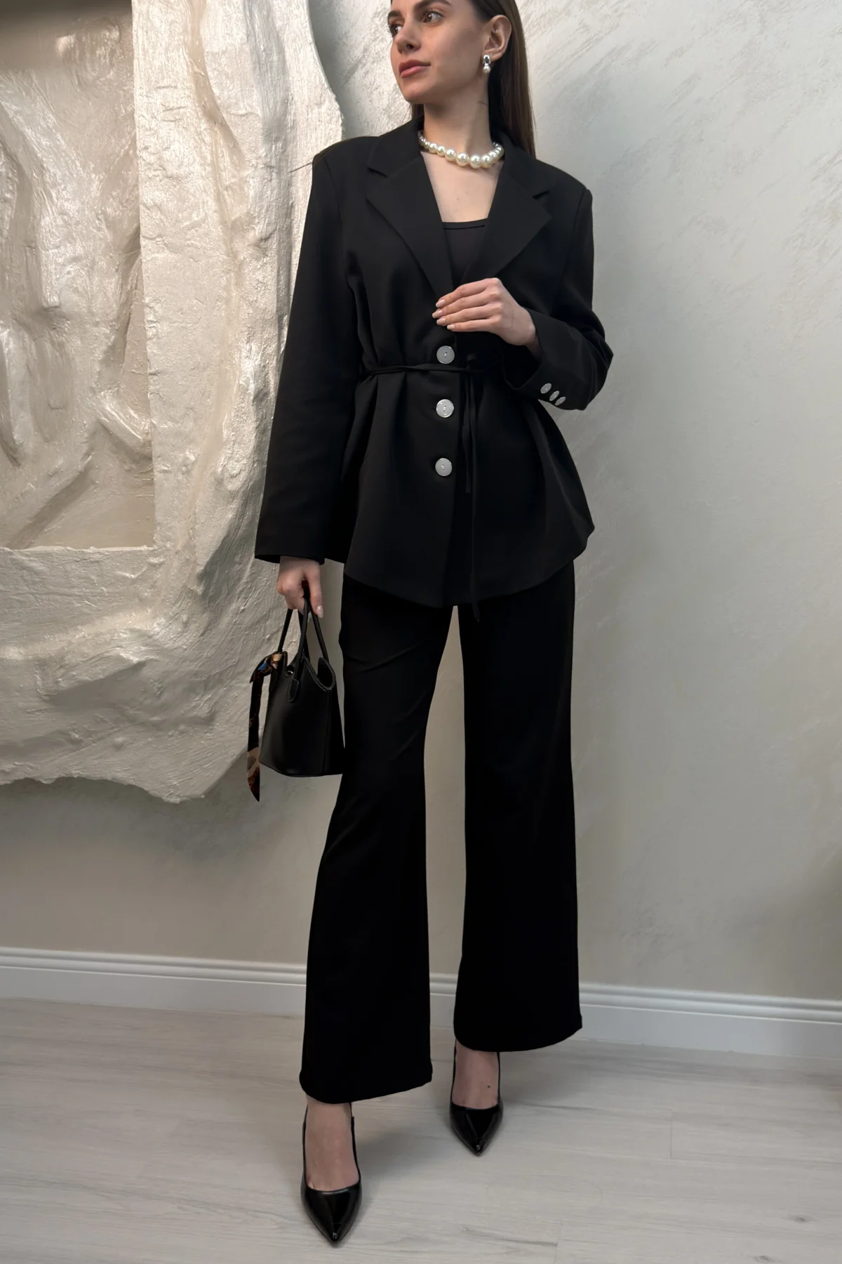 BELDEN BAĞLAMALI DÜĞMELİ BLAZER CEKET TAKIM- SİYAH