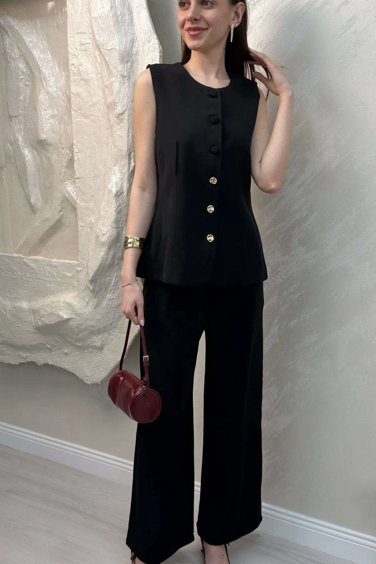 DÜĞMELİ SIFIR KOL TAKIM- SİYAH