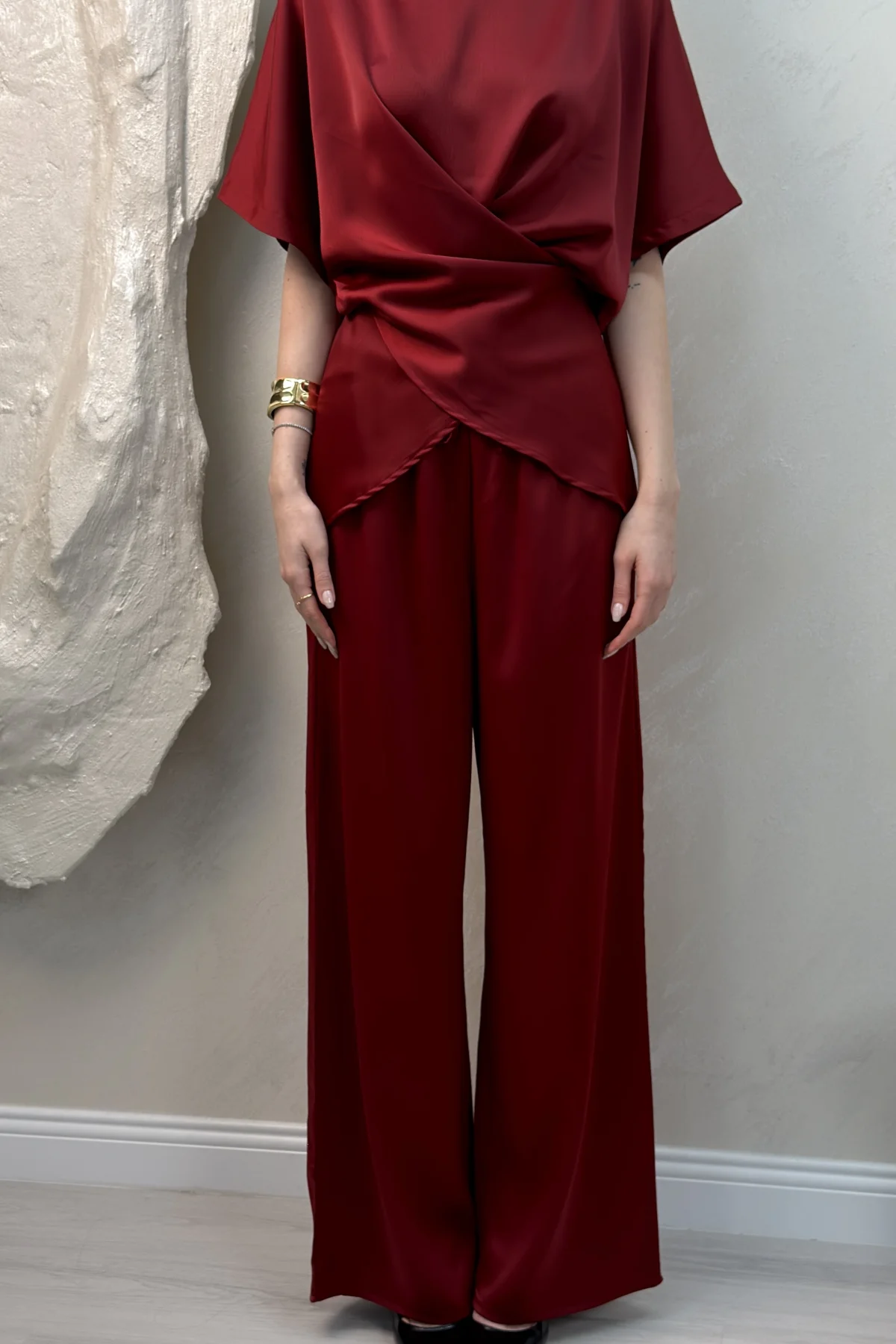 BELDEN BAĞLAMALI SATEN TAKIM- BORDO