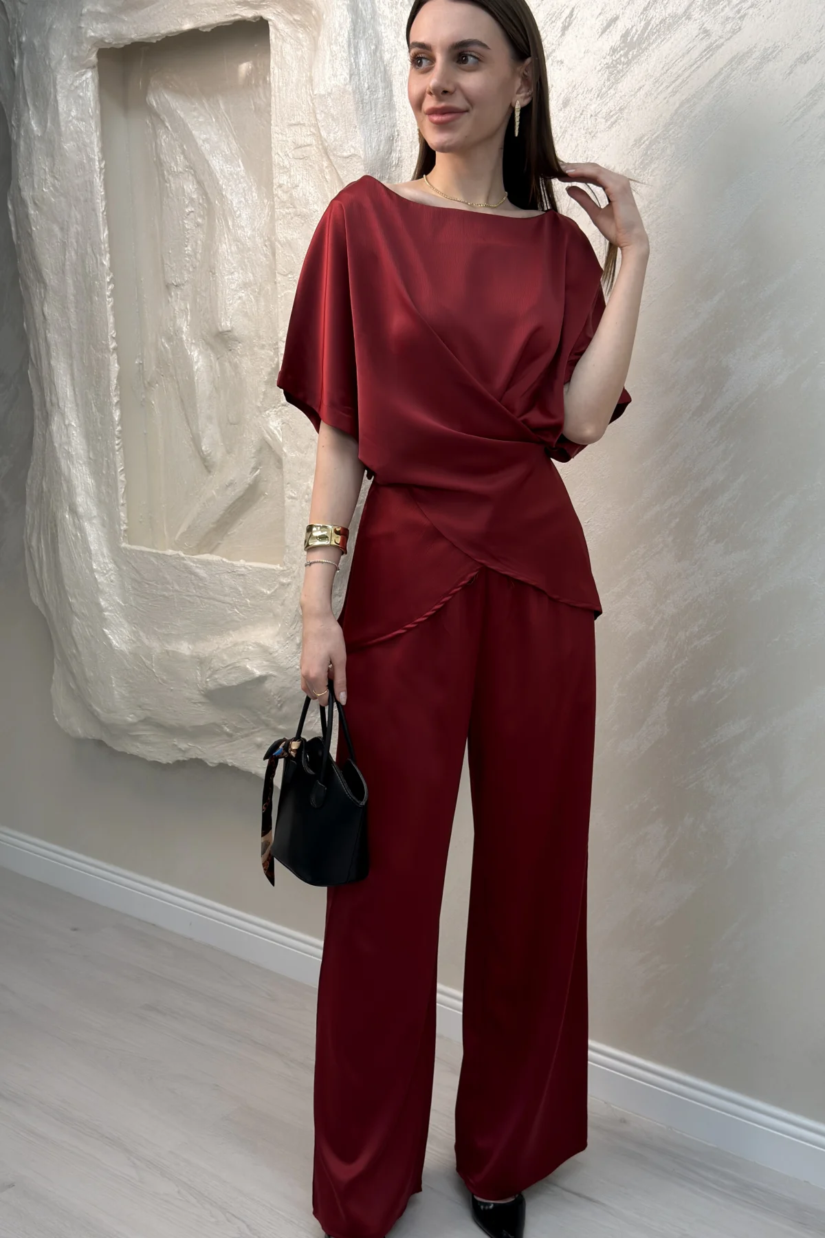 BELDEN BAĞLAMALI SATEN TAKIM- BORDO