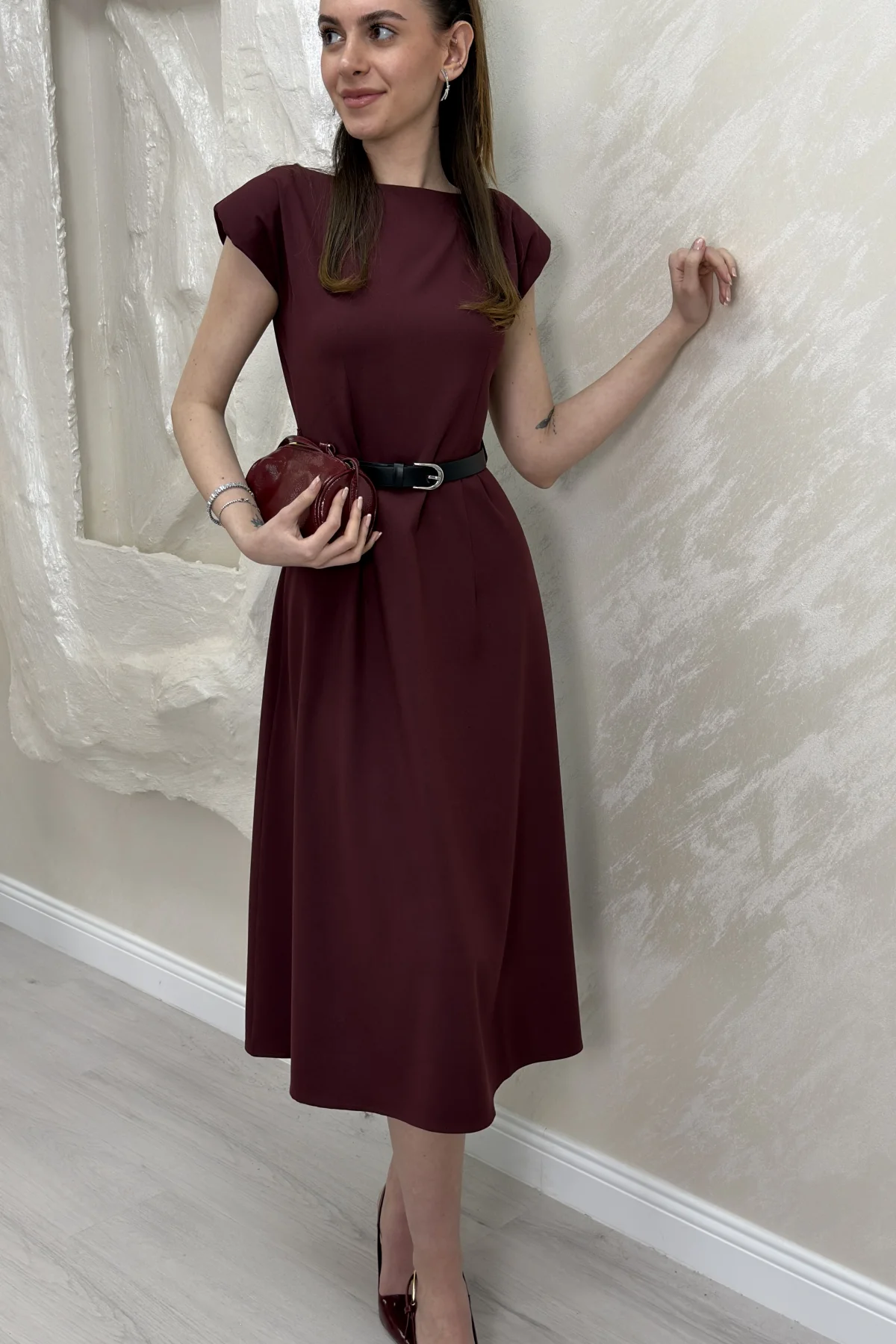 VATKALI KEMERLİ ELBİSE- BORDO