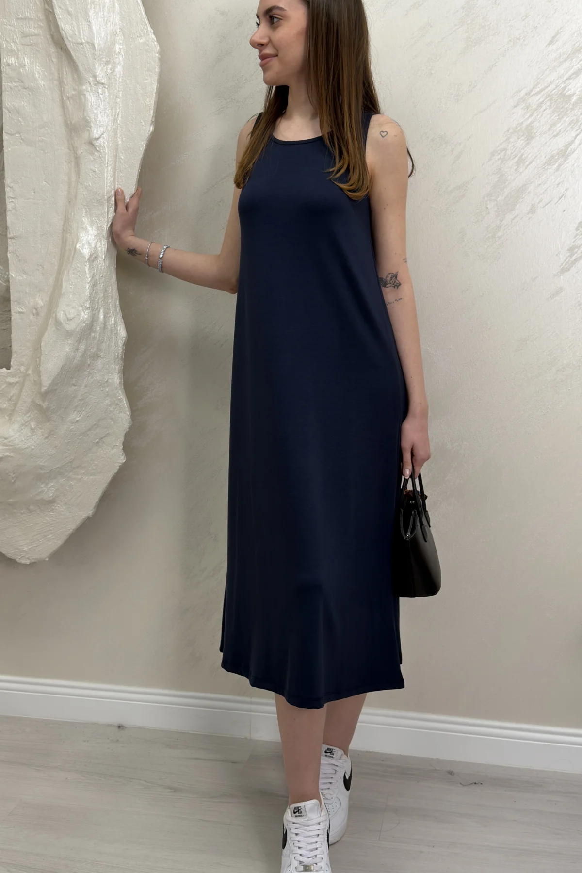 UZUN ASKILI MODAL KUMAŞ ELBİSE- LACİVERT