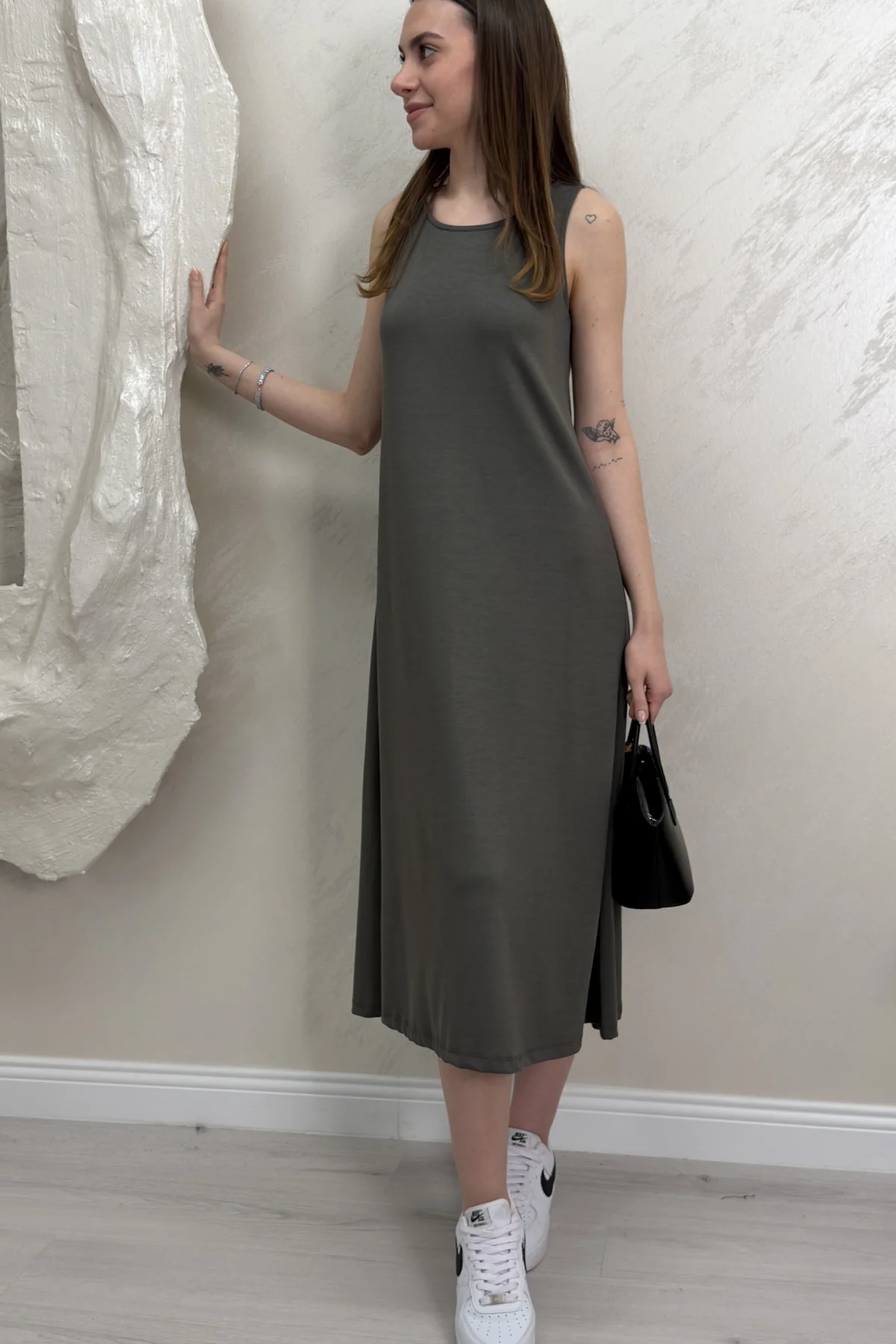 UZUN ASKILI MODAL KUMAŞ ELBİSE- YAĞ YEŞİLİ