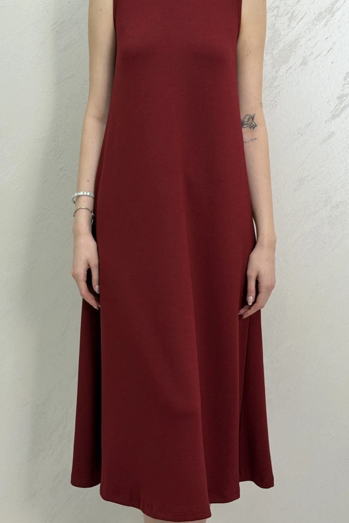 UZUN ASKILI MODAL KUMAŞ ELBİSE- BORDO
