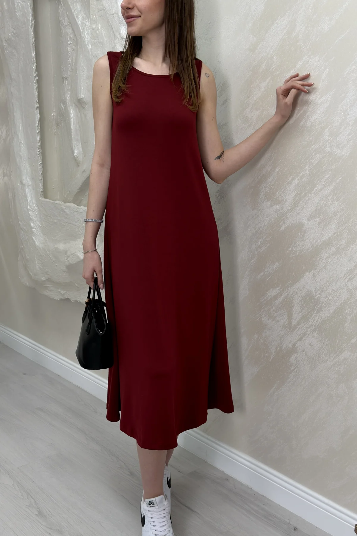UZUN ASKILI MODAL KUMAŞ ELBİSE- BORDO
