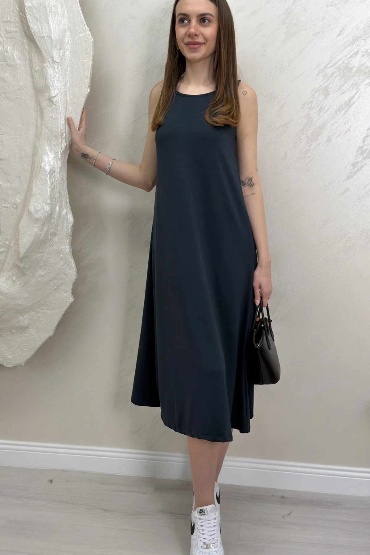 UZUN ASKILI MODAL KUMAŞ ELBİSE- FÜME