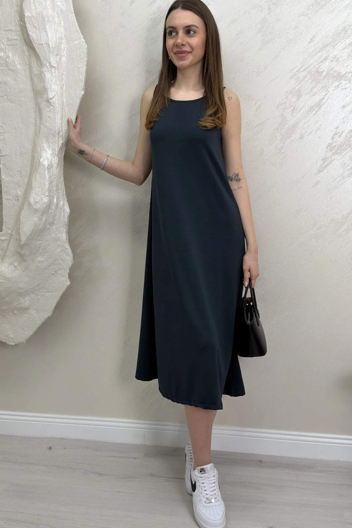 UZUN ASKILI MODAL KUMAŞ ELBİSE- FÜME