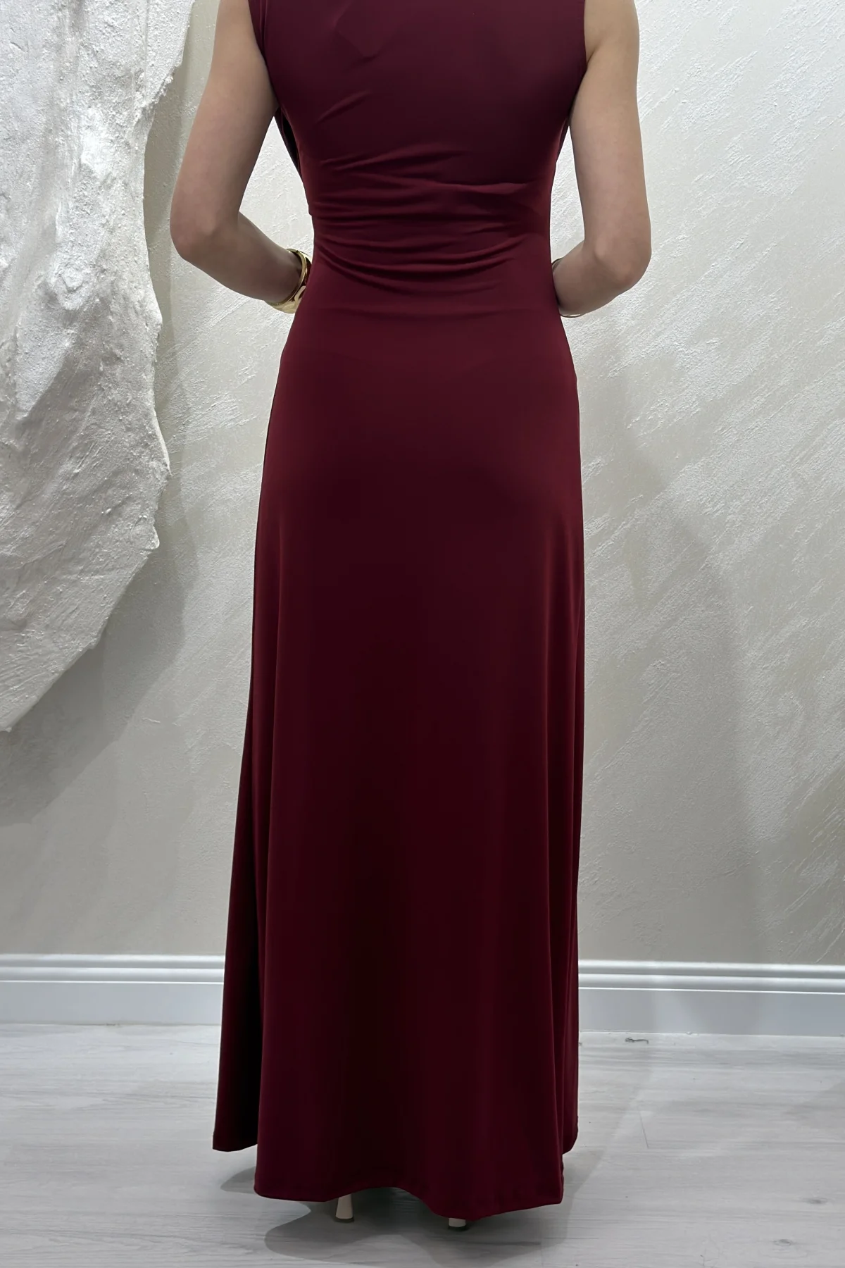 DEGAJE YAKA SANDY ELBİSE- BORDO