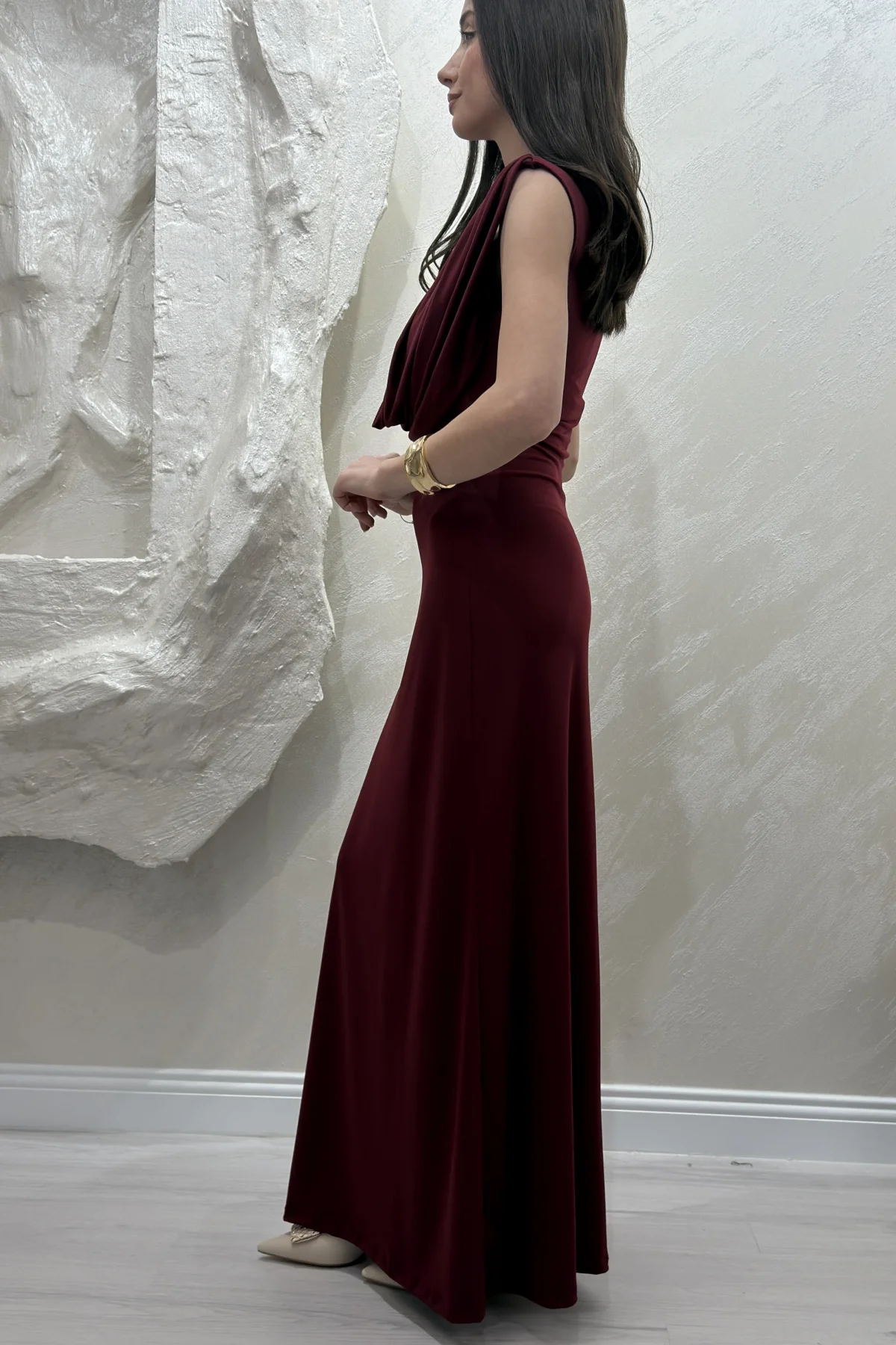 DEGAJE YAKA SANDY ELBİSE- BORDO