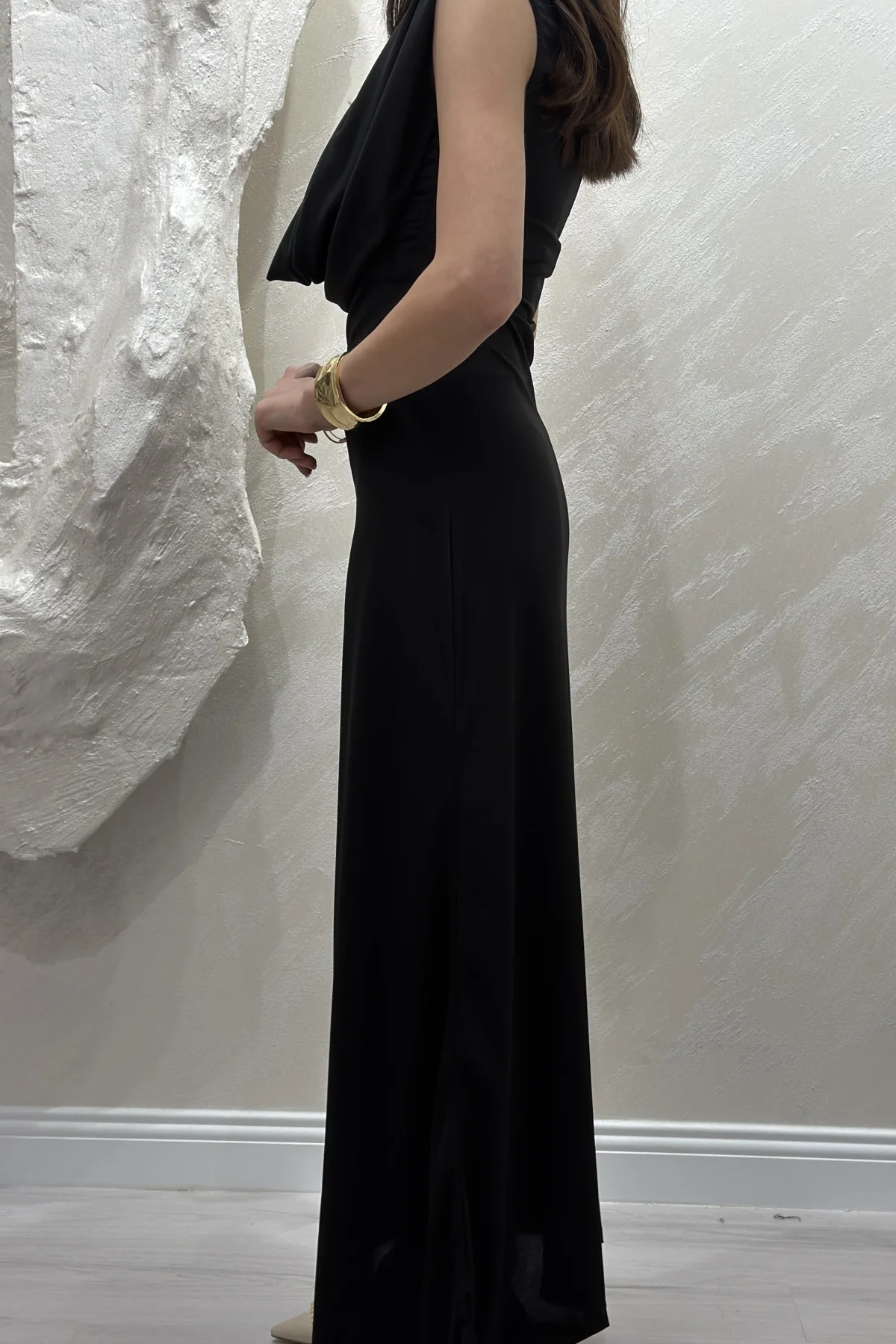 DEGAJE YAKA SANDY ELBİSE- SİYAH