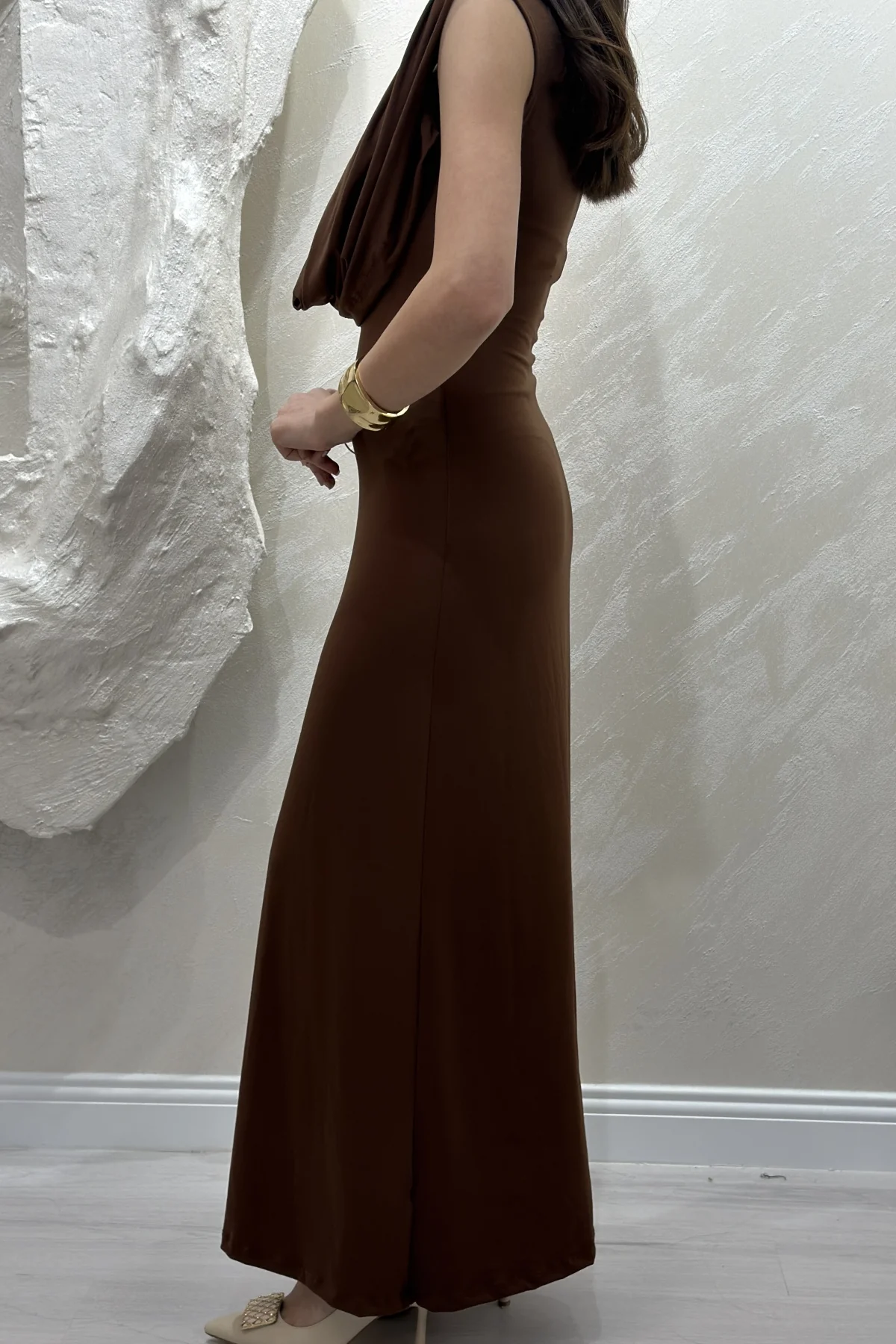 DEGAJE YAKA SANDY ELBİSE- KAHVE