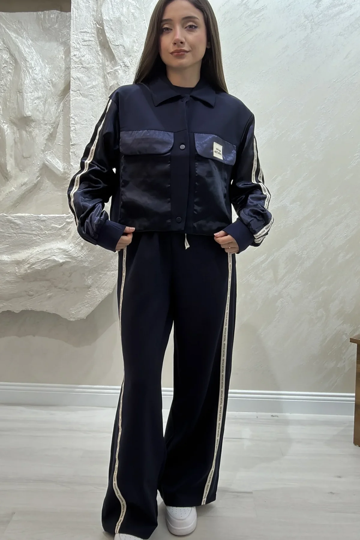 PARAŞÜT KUMAŞ ŞERİT DETAYLI TAKIM- LACİVERT