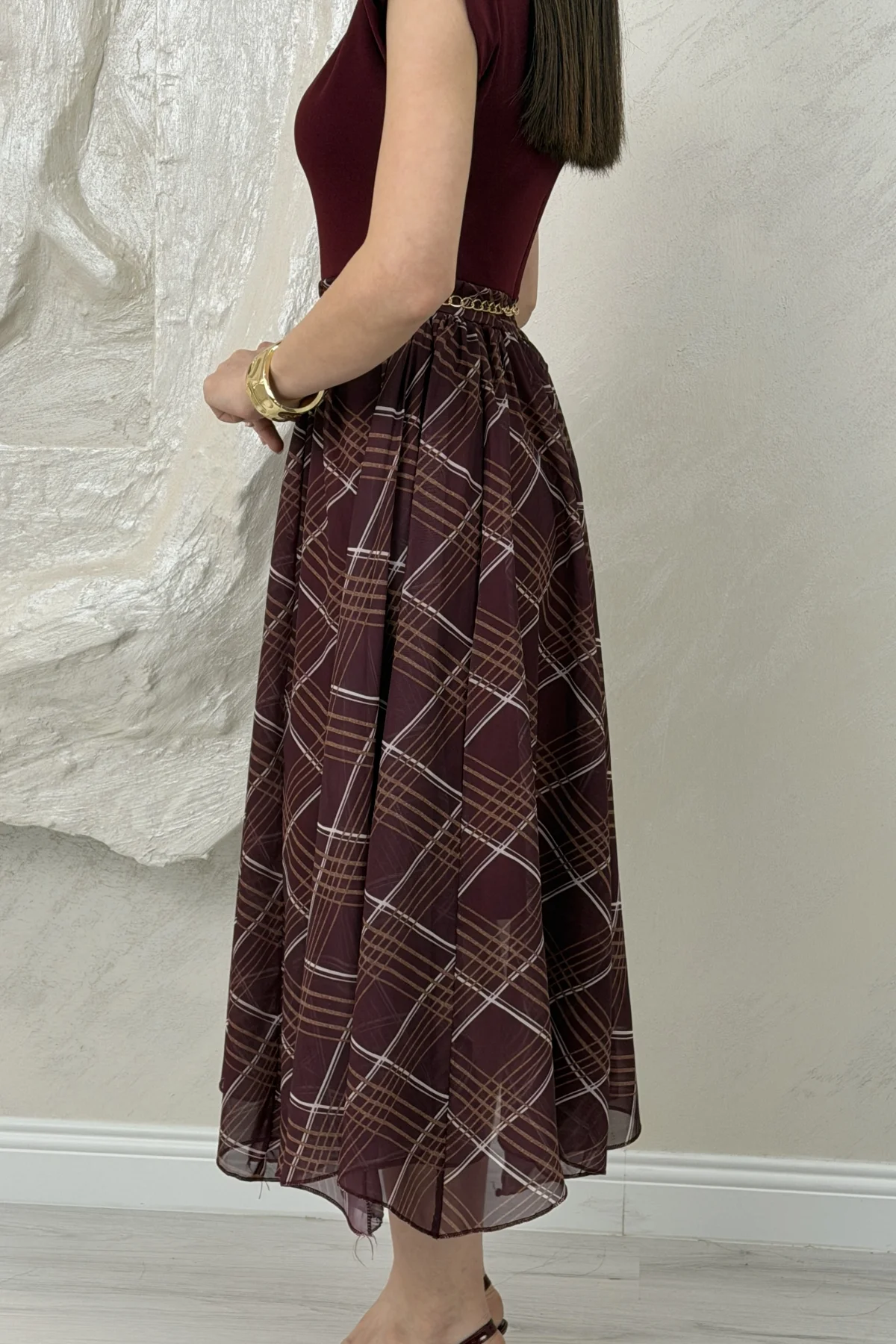 ŞİFON EKOSE DESENLİ ELBİSE- BORDO