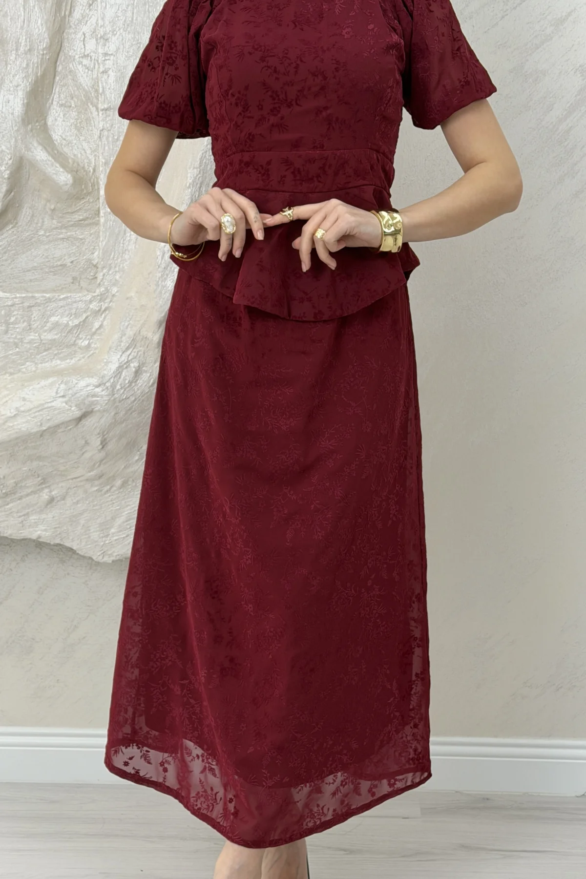 BELİ LASTİKLİ BASKILI ETEKLİ TAKIM- BORDO