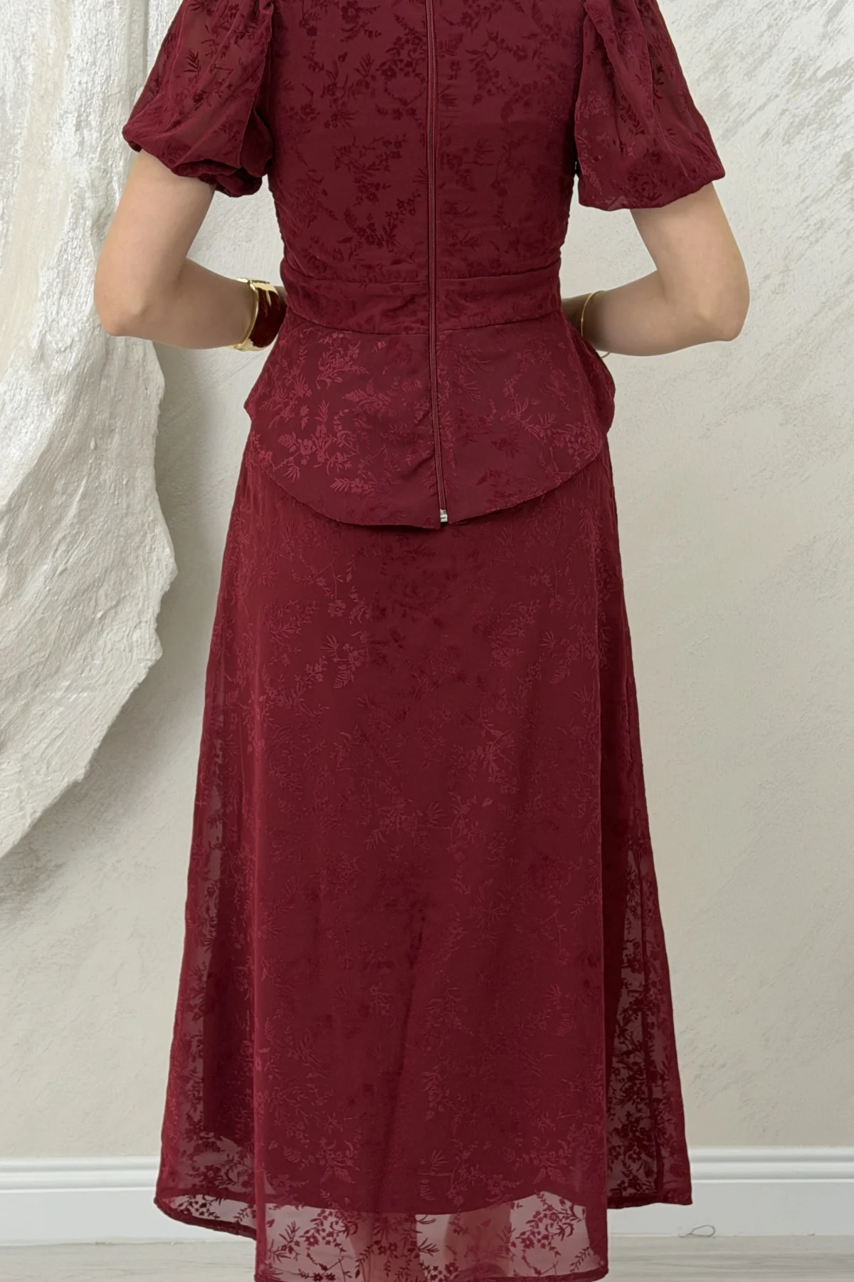 BELİ LASTİKLİ BASKILI ETEKLİ TAKIM- BORDO