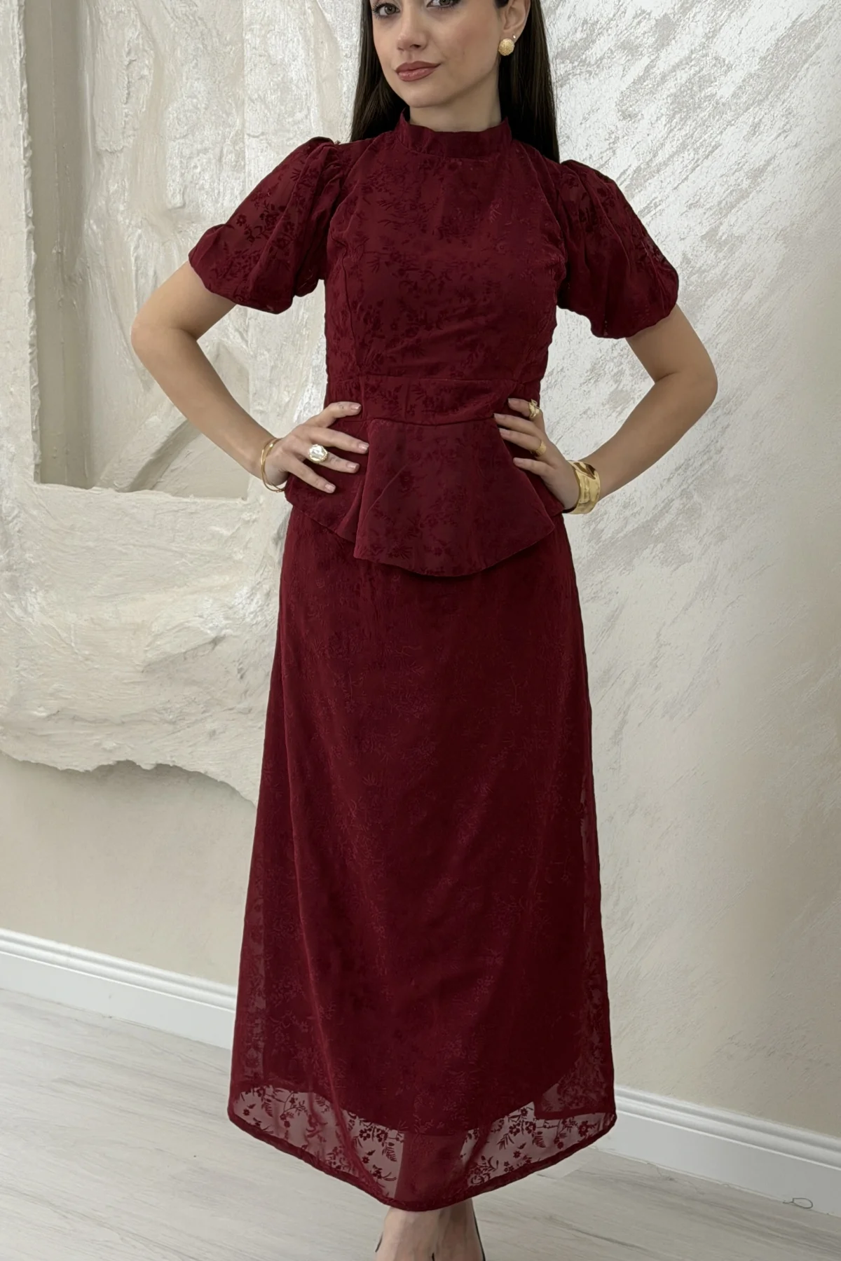 BELİ LASTİKLİ BASKILI ETEKLİ TAKIM- BORDO