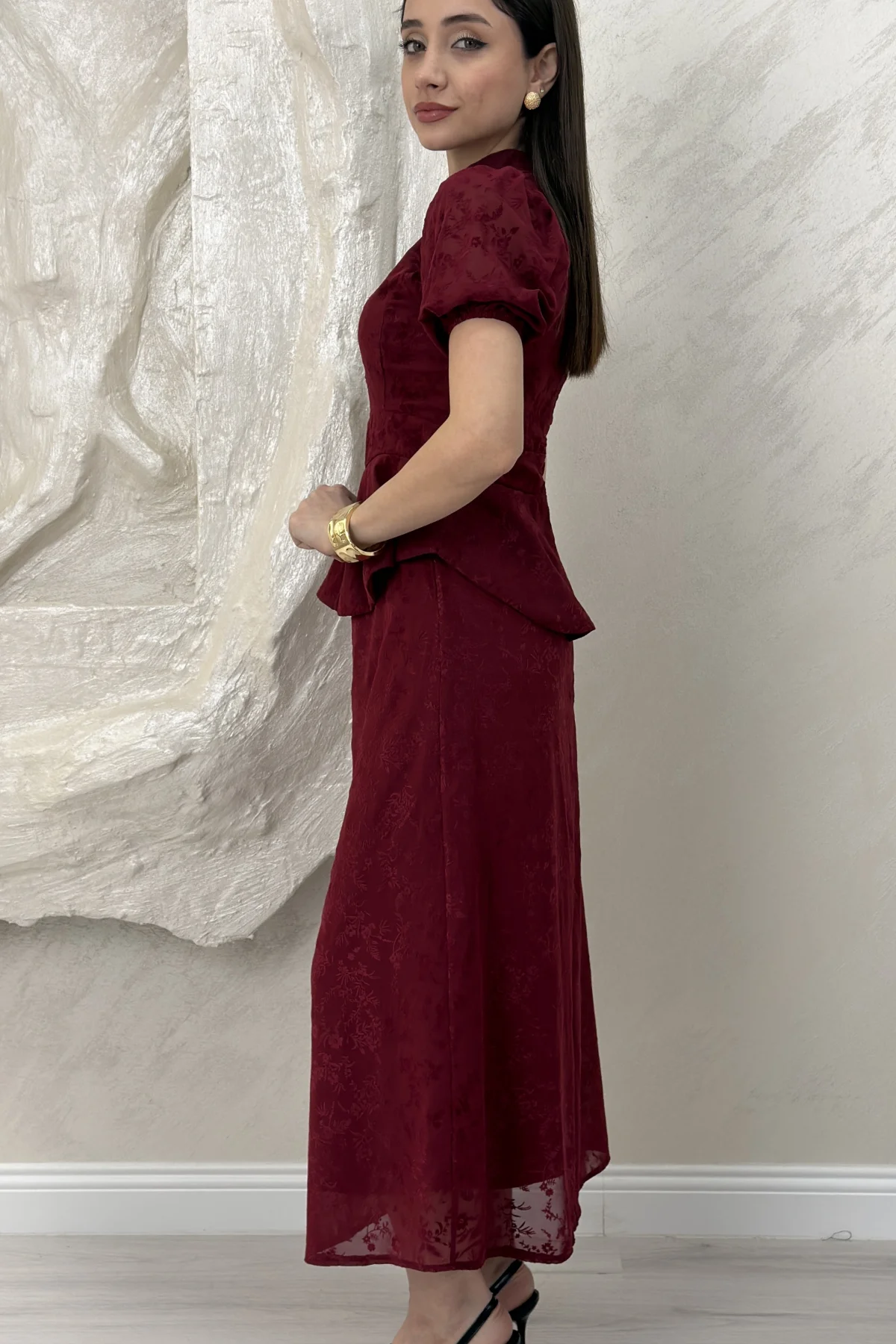 BELİ LASTİKLİ BASKILI ETEKLİ TAKIM- BORDO