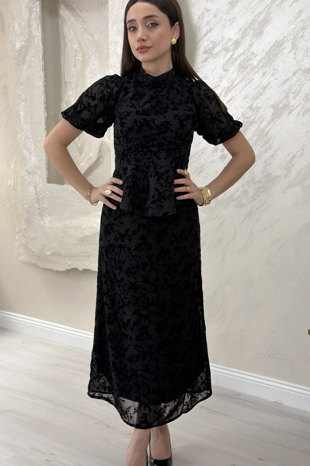 BELİ LASTİKLİ BASKILI ETEKLİ TAKIM- SİYAH