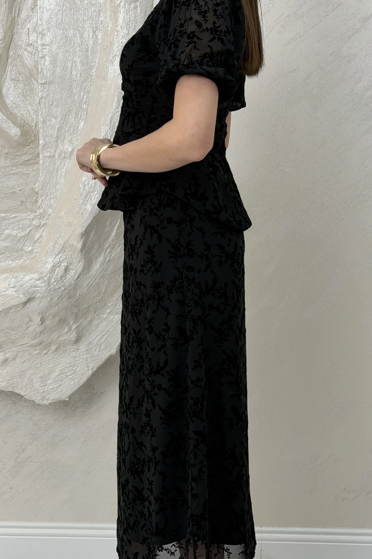 BELİ LASTİKLİ BASKILI ETEKLİ TAKIM- SİYAH