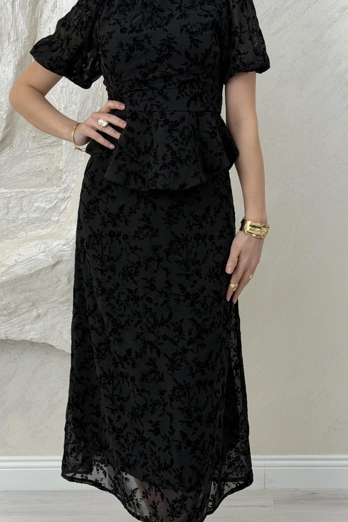 BELİ LASTİKLİ BASKILI ETEKLİ TAKIM- SİYAH