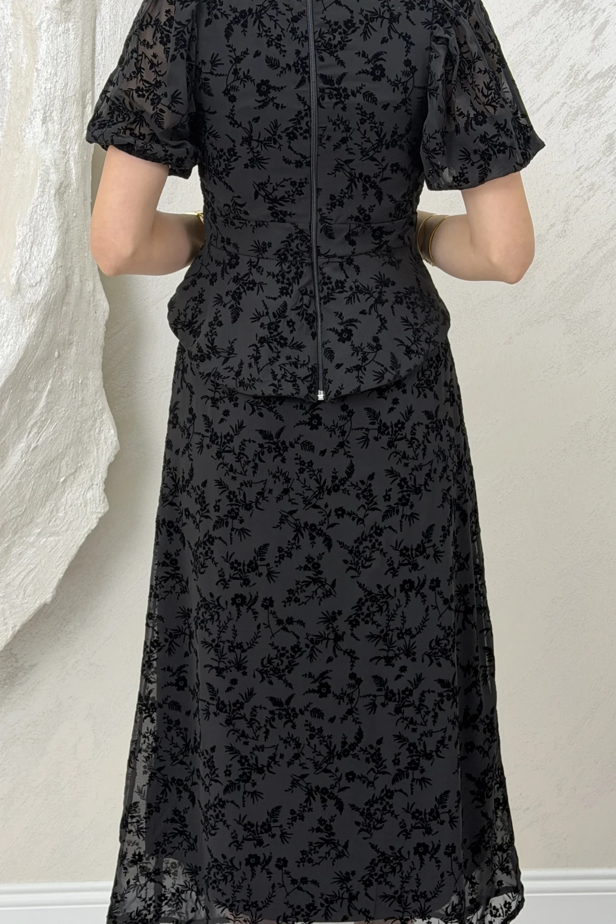 BELİ LASTİKLİ BASKILI ETEKLİ TAKIM- SİYAH