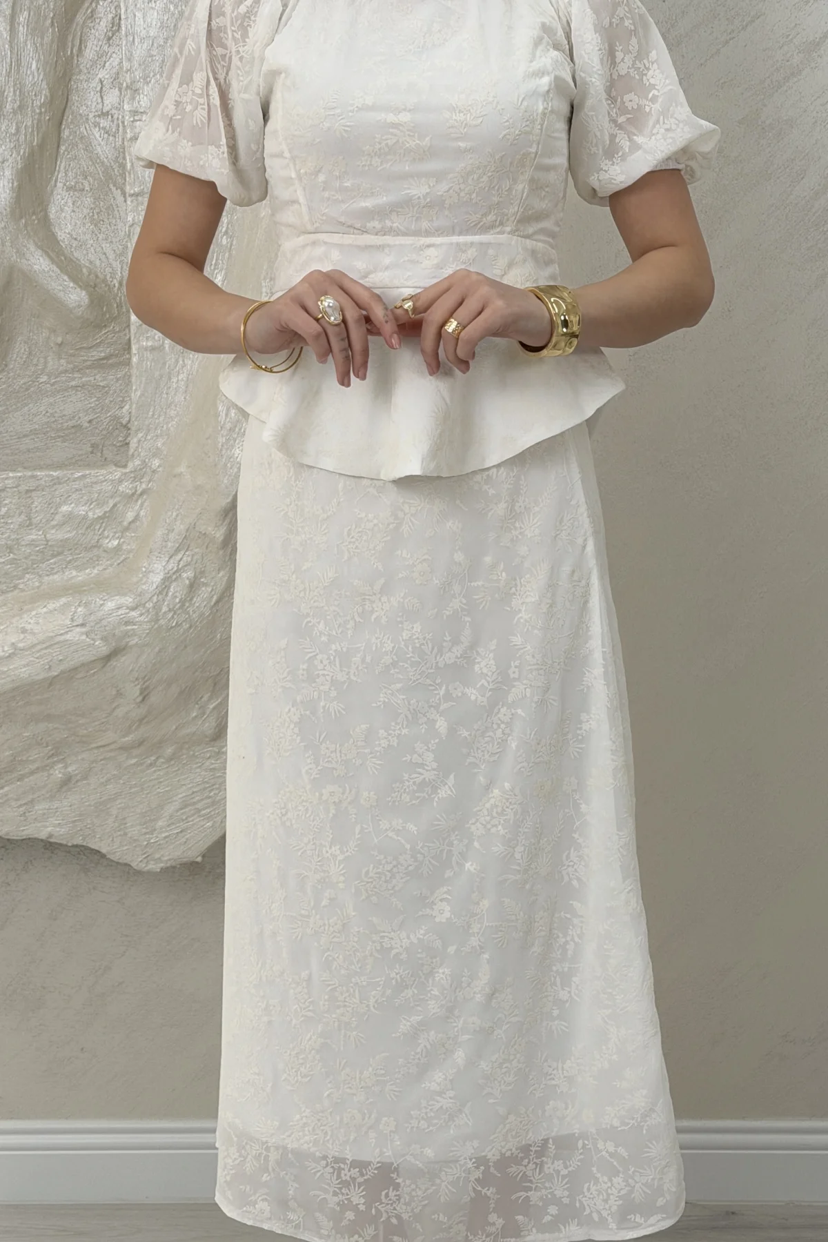 BELİ LASTİKLİ BASKILI ETEKLİ TAKIM- BEYAZ