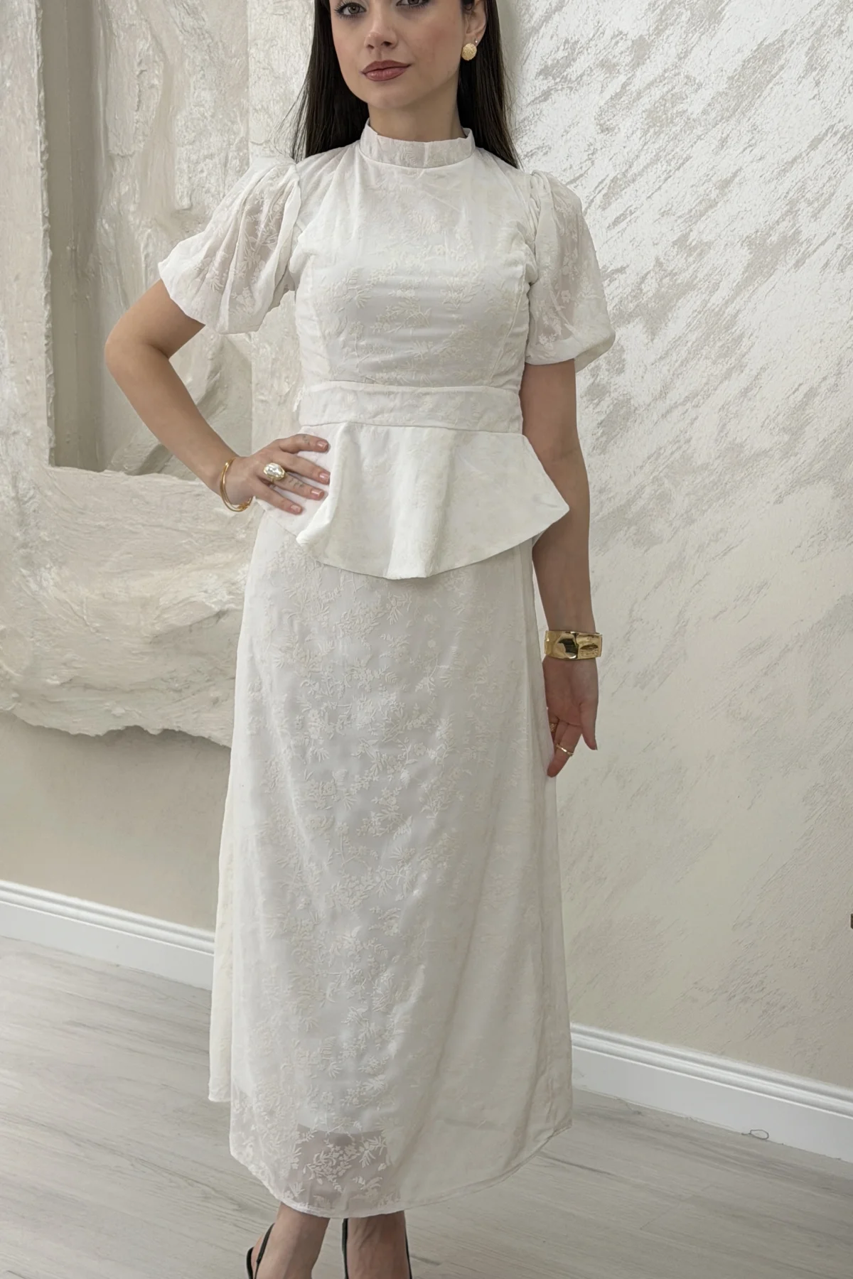 BELİ LASTİKLİ BASKILI ETEKLİ TAKIM- BEYAZ