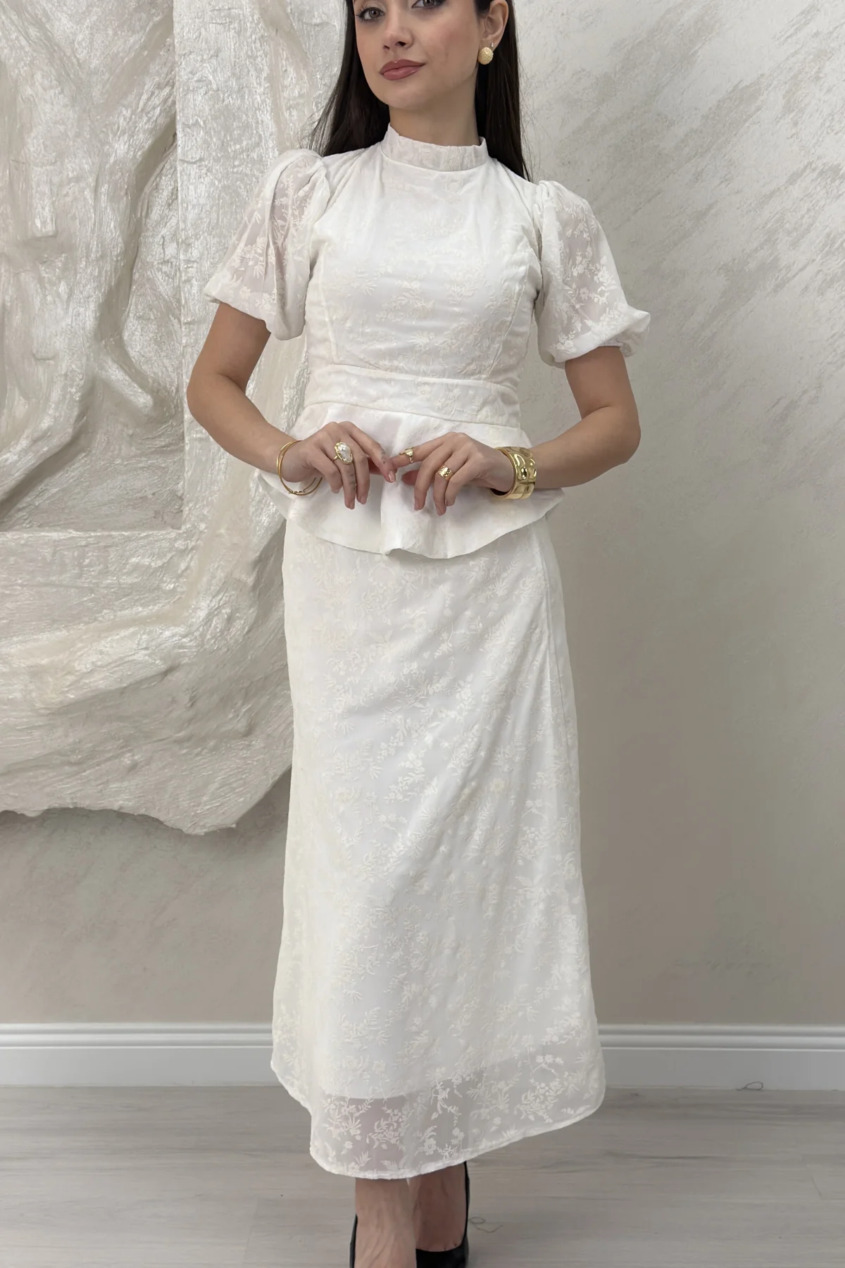 BELİ LASTİKLİ BASKILI ETEKLİ TAKIM- BEYAZ