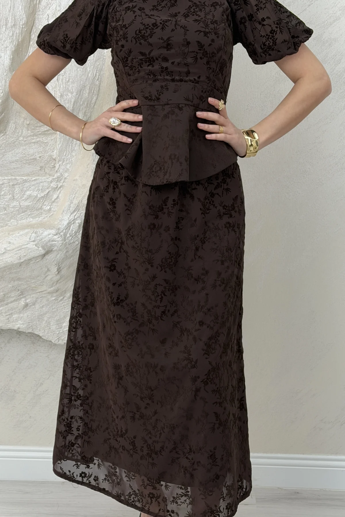 BELİ LASTİKLİ BASKILI ETEKLİ TAKIM-KAHVE