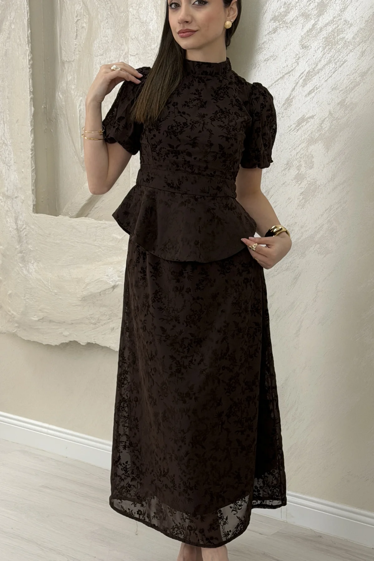 BELİ LASTİKLİ BASKILI ETEKLİ TAKIM-KAHVE