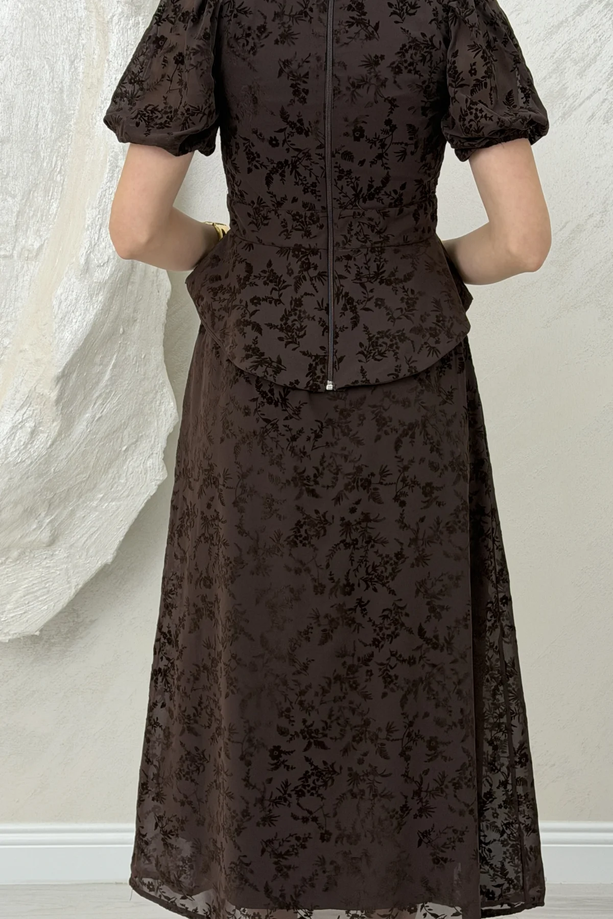 BELİ LASTİKLİ BASKILI ETEKLİ TAKIM-KAHVE