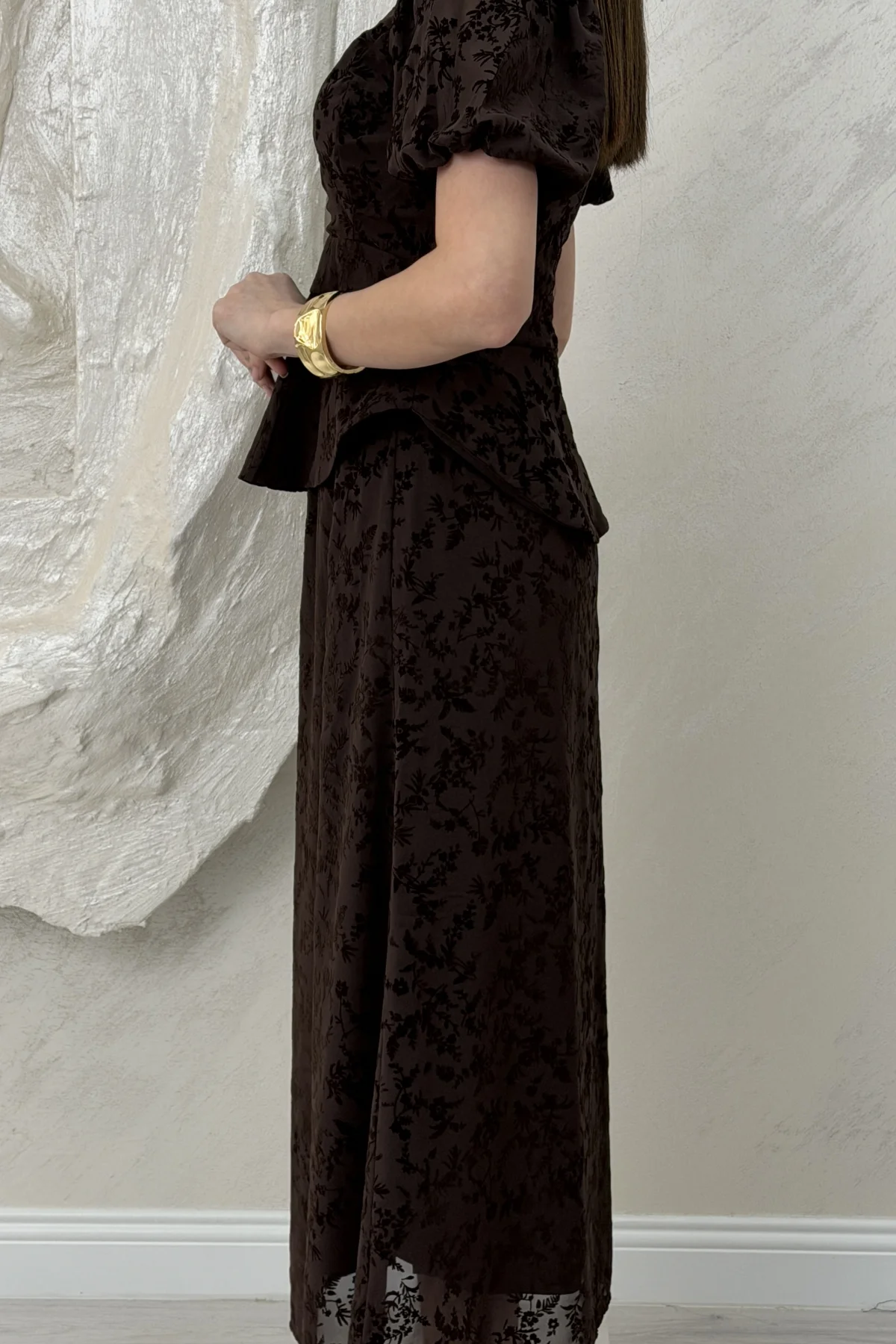 BELİ LASTİKLİ BASKILI ETEKLİ TAKIM-KAHVE