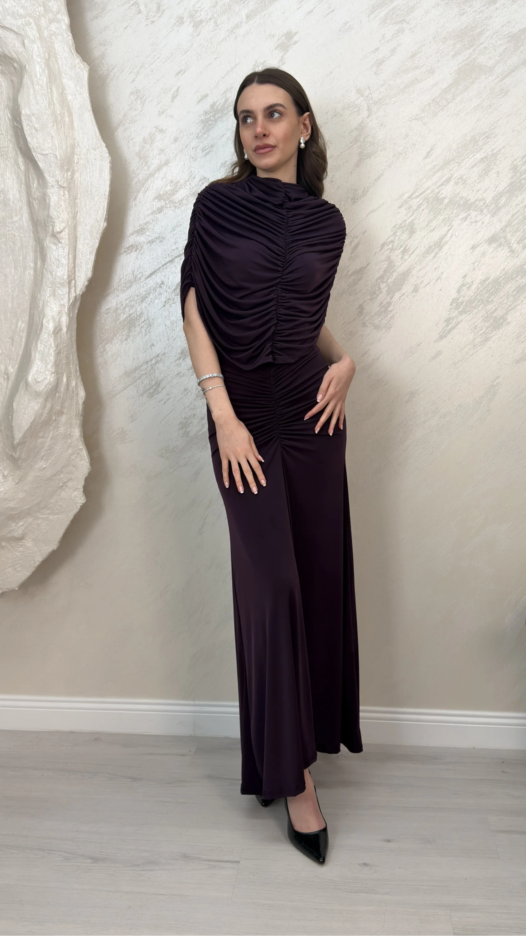 DRAPE DETAYLI DAVET ELBİSESİ-MÜRDÜM
