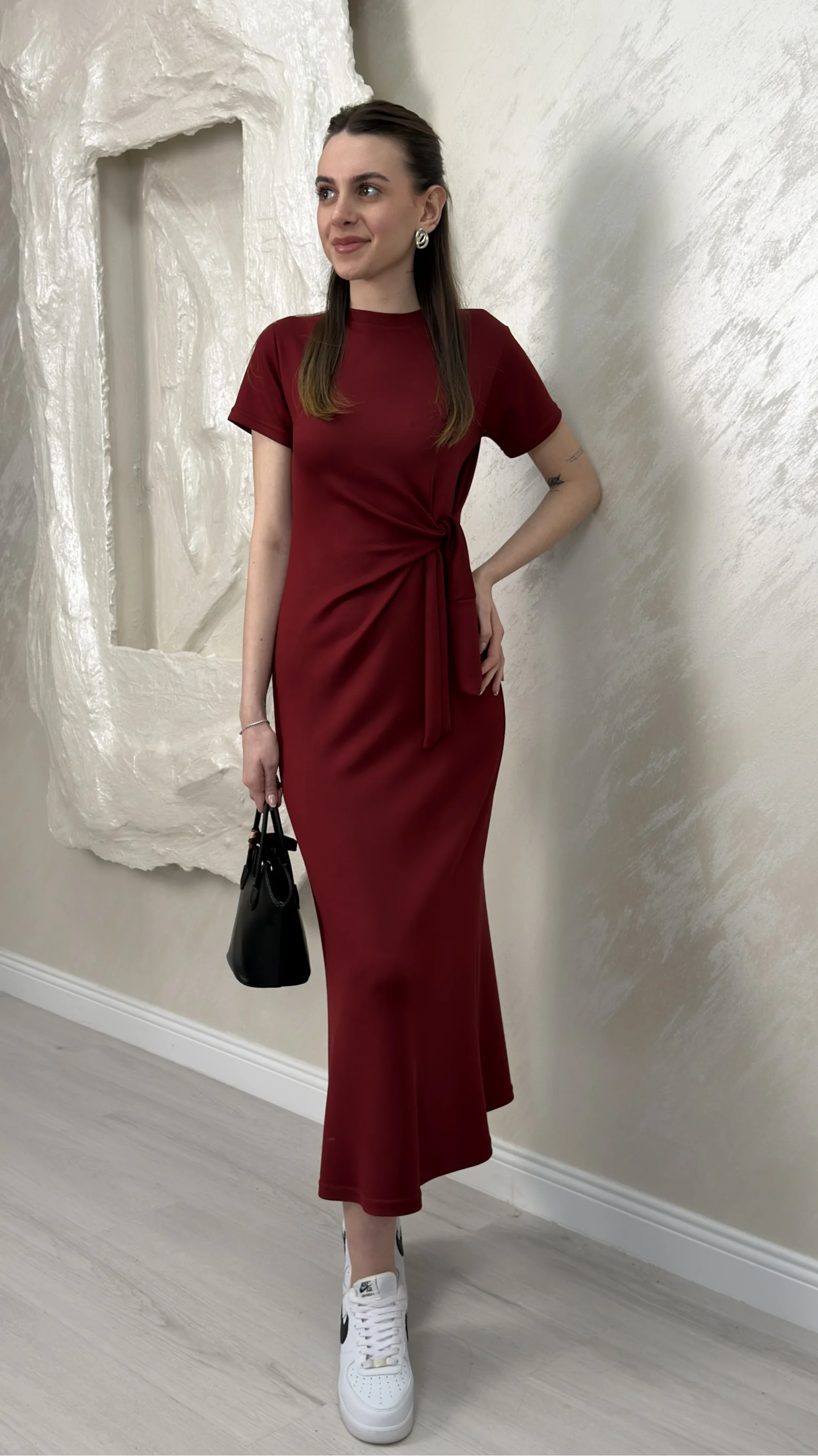 BELİ BAĞLAMALI MODAL KUMAŞ ELBİSE- BORDO