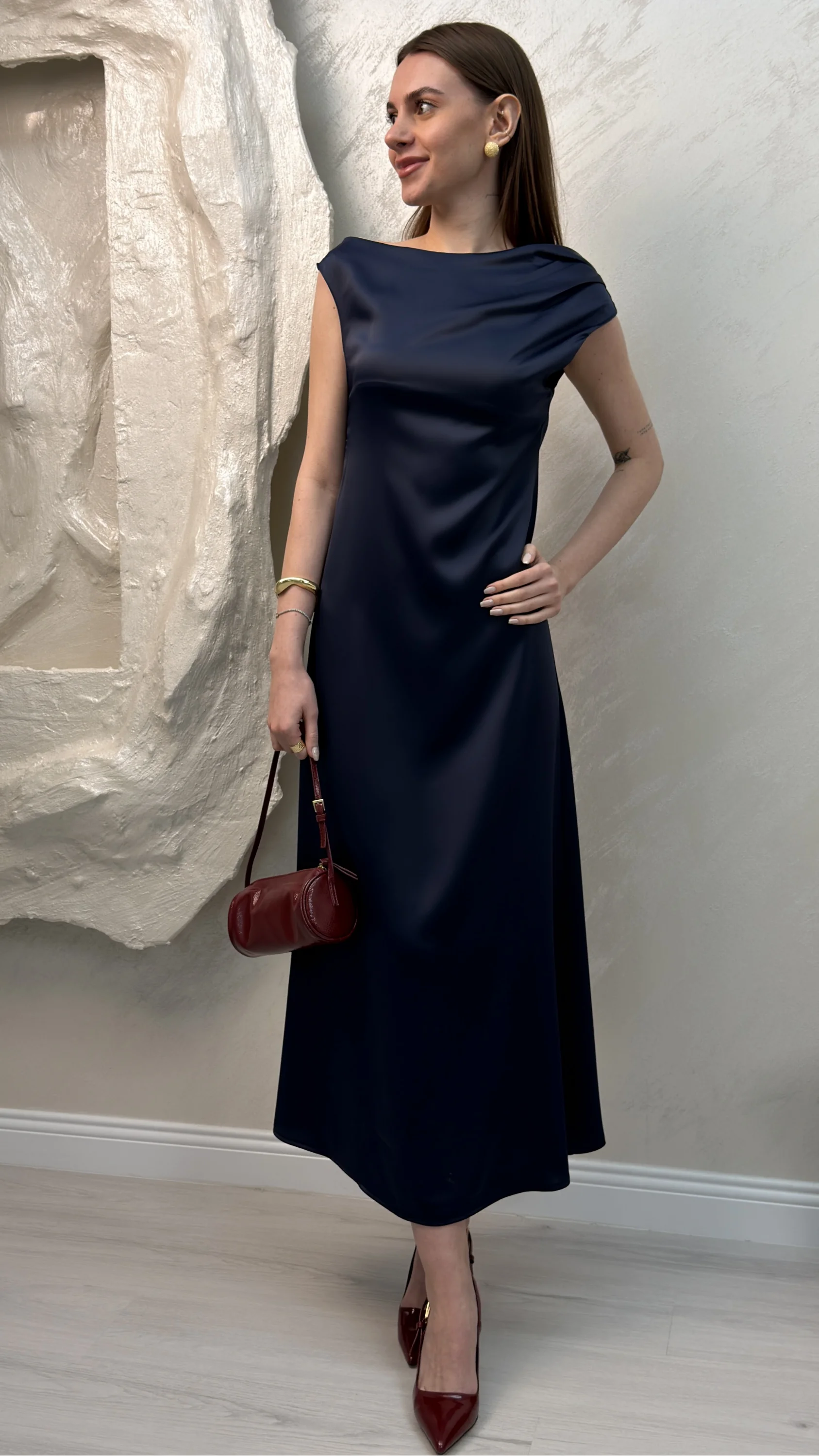SATEN MAXİ ELBİSE- LACİVERT
