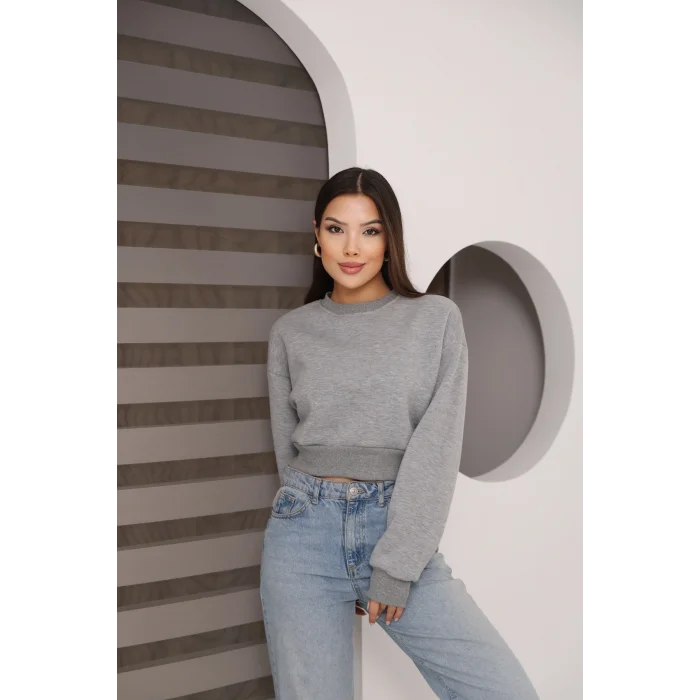 Kadın Üç İplik Şardonlu Oversize Crop Sweatshirt