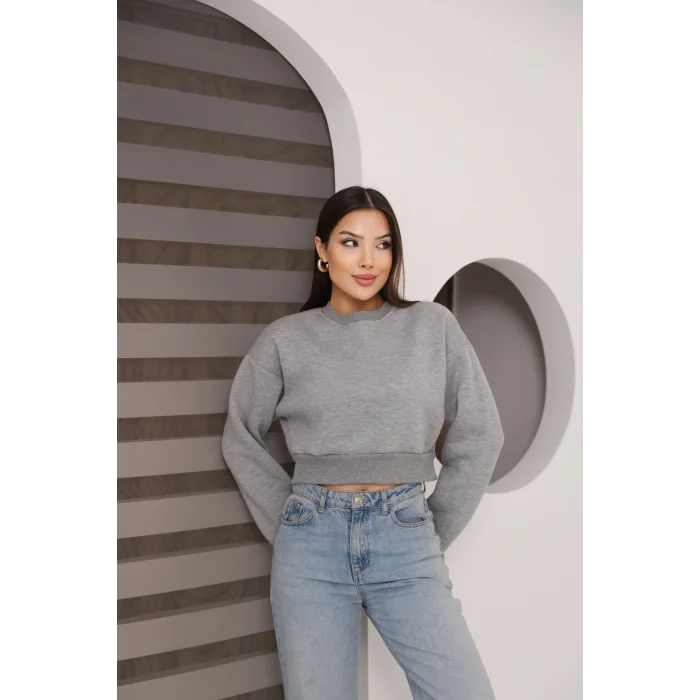 Kadın Üç İplik Şardonlu Oversize Crop Sweatshirt