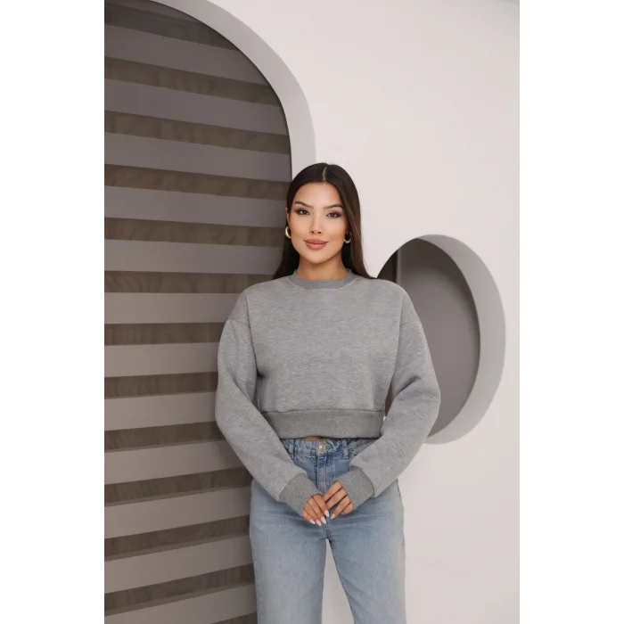 Kadın Üç İplik Şardonlu Oversize Crop Sweatshirt