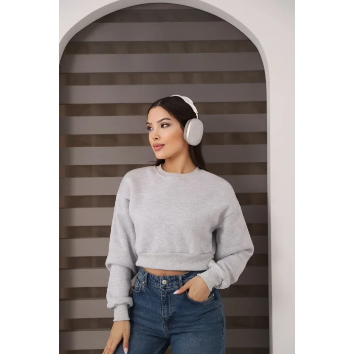 Kadın Üç İplik Şardonlu Oversize Crop Sweatshirt
