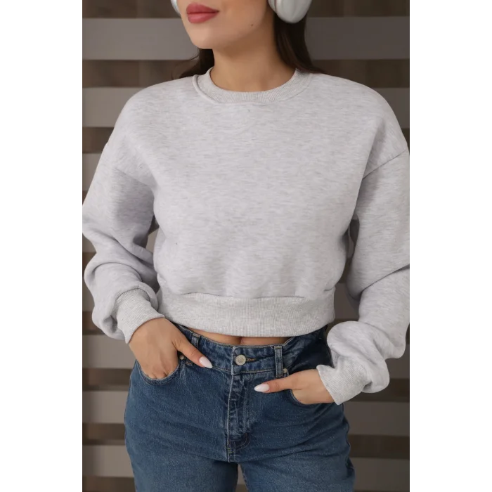 Kadın Üç İplik Şardonlu Oversize Crop Sweatshirt