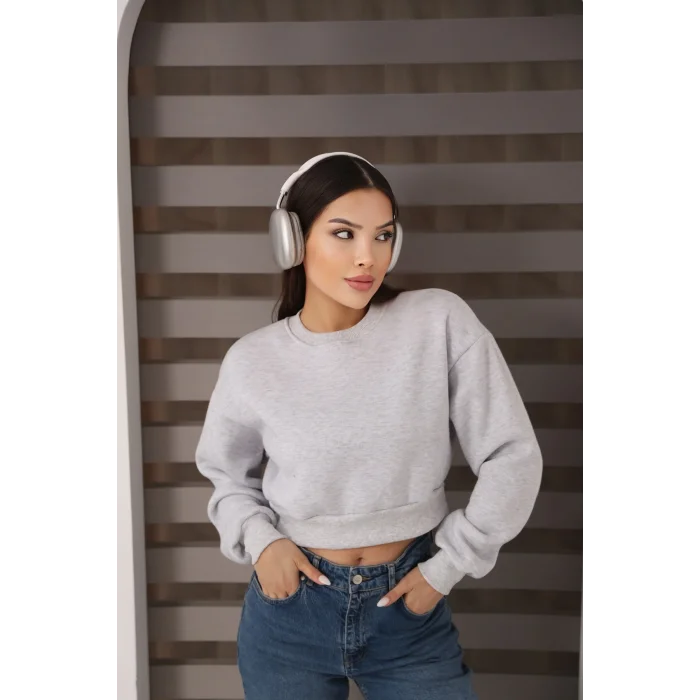 Kadın Üç İplik Şardonlu Oversize Crop Sweatshirt