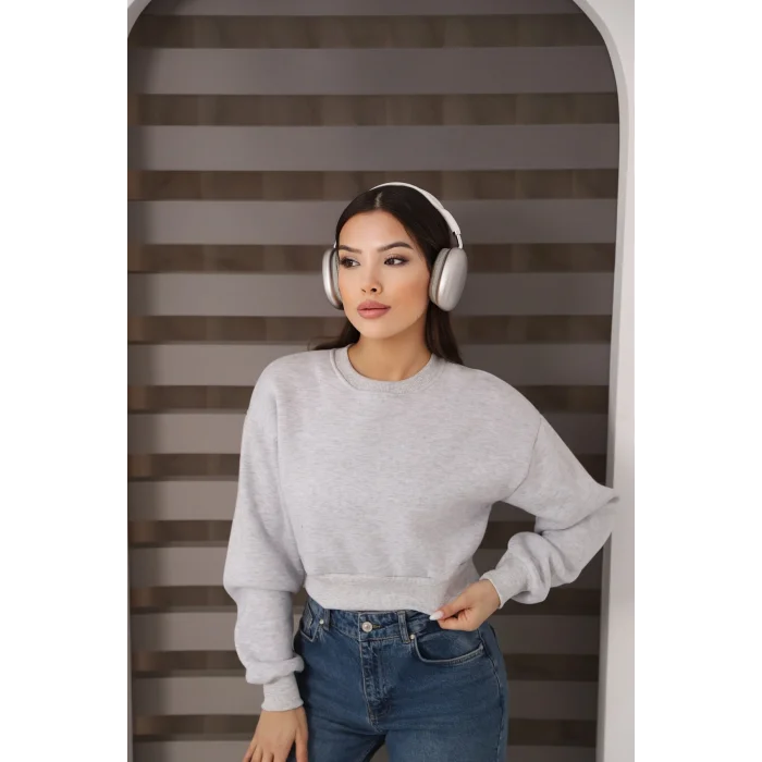 Kadın Üç İplik Şardonlu Oversize Crop Sweatshirt