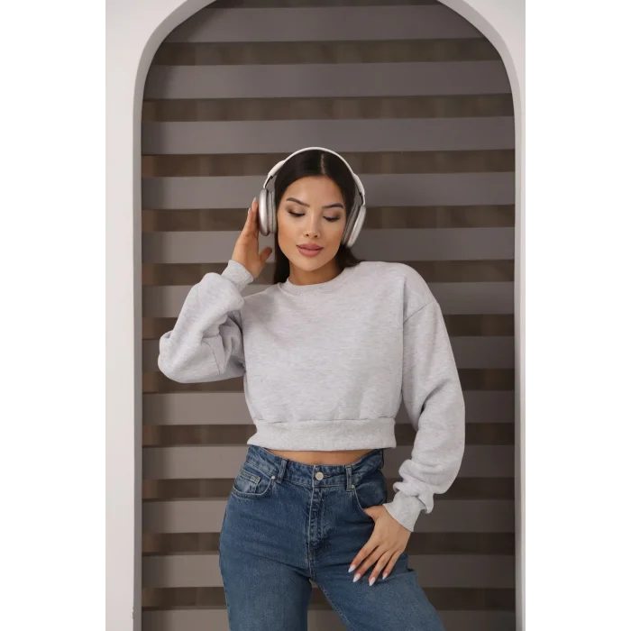 Kadın Üç İplik Şardonlu Oversize Crop Sweatshirt