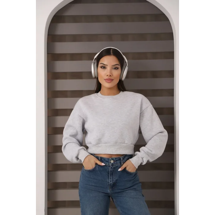 Kadın Üç İplik Şardonlu Oversize Crop Sweatshirt