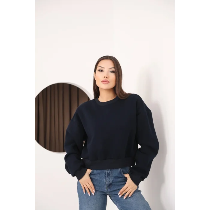 Kadın Üç İplik Şardonlu Oversize Crop Sweatshirt